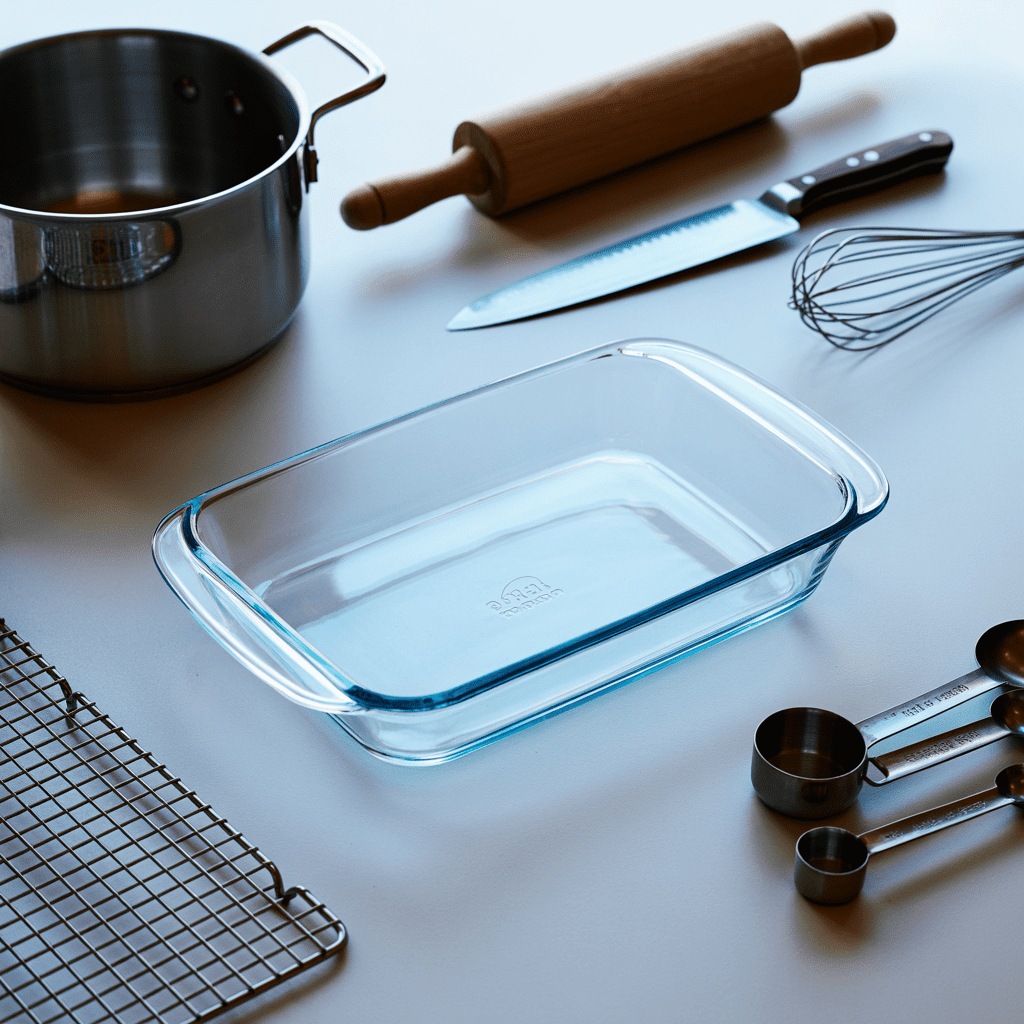Glass baking dish, large pot, rolling pin, knife, whisk, measuring cups, and wire rack arranged for making sweet potato sonker