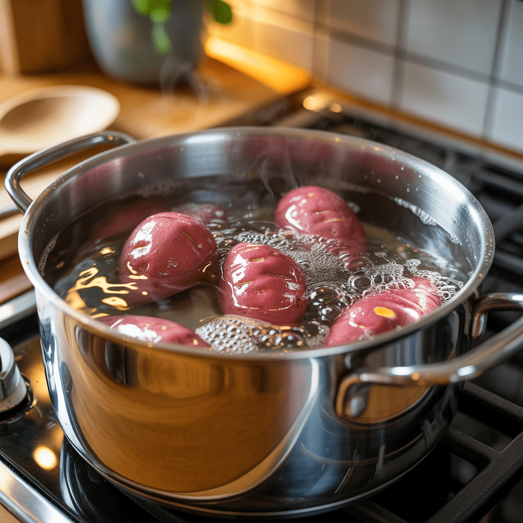 Whole peeled sweet potatoes simmering gently in a large pot of water on the stovetop