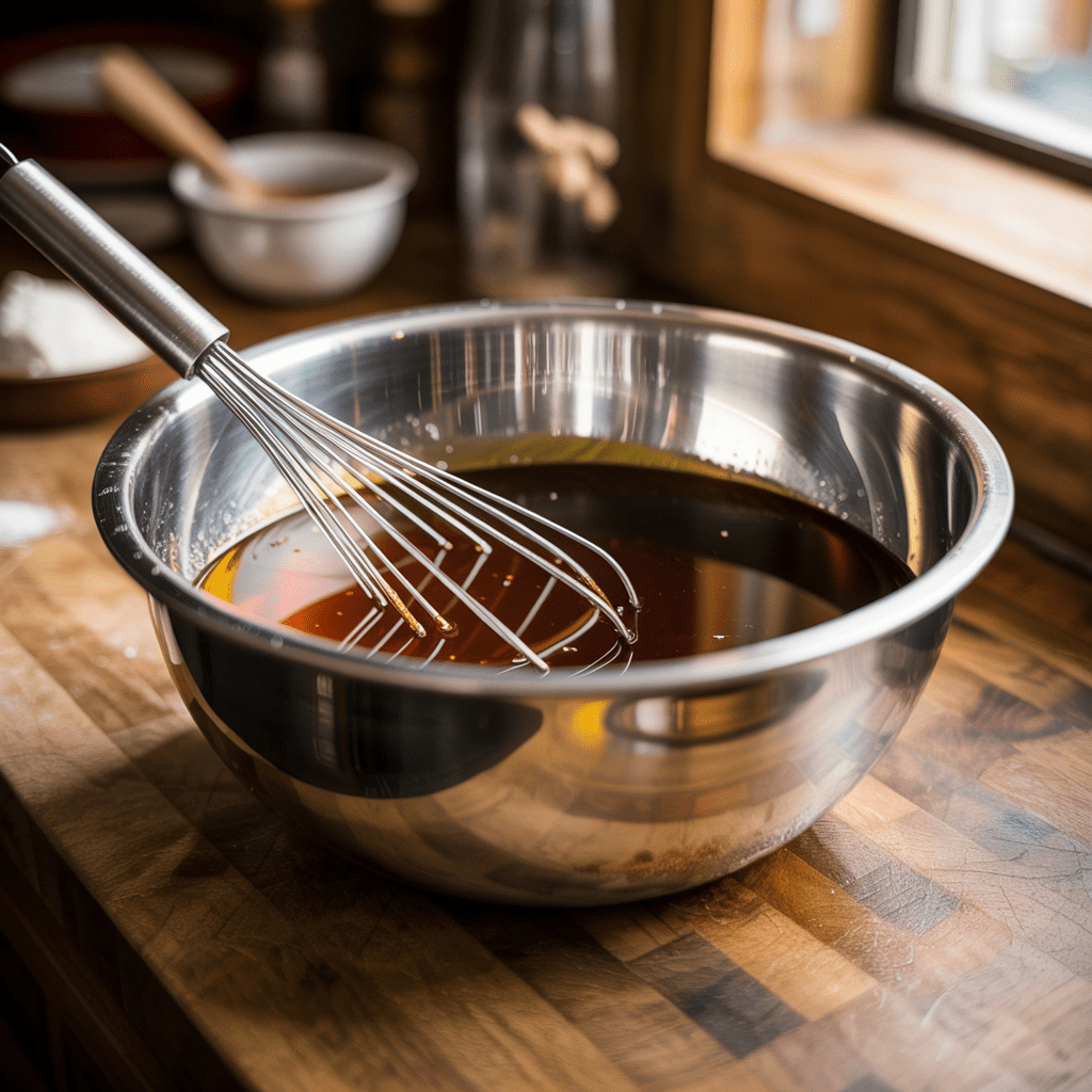 Whisk resting in a mixing bowl of glossy molasses syrup for sweet potato sonker filling