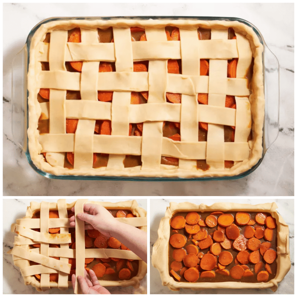 Sliced sweet potatoes layered in a crust lined glass dish with syrup and lattice strips of dough being arranged on top