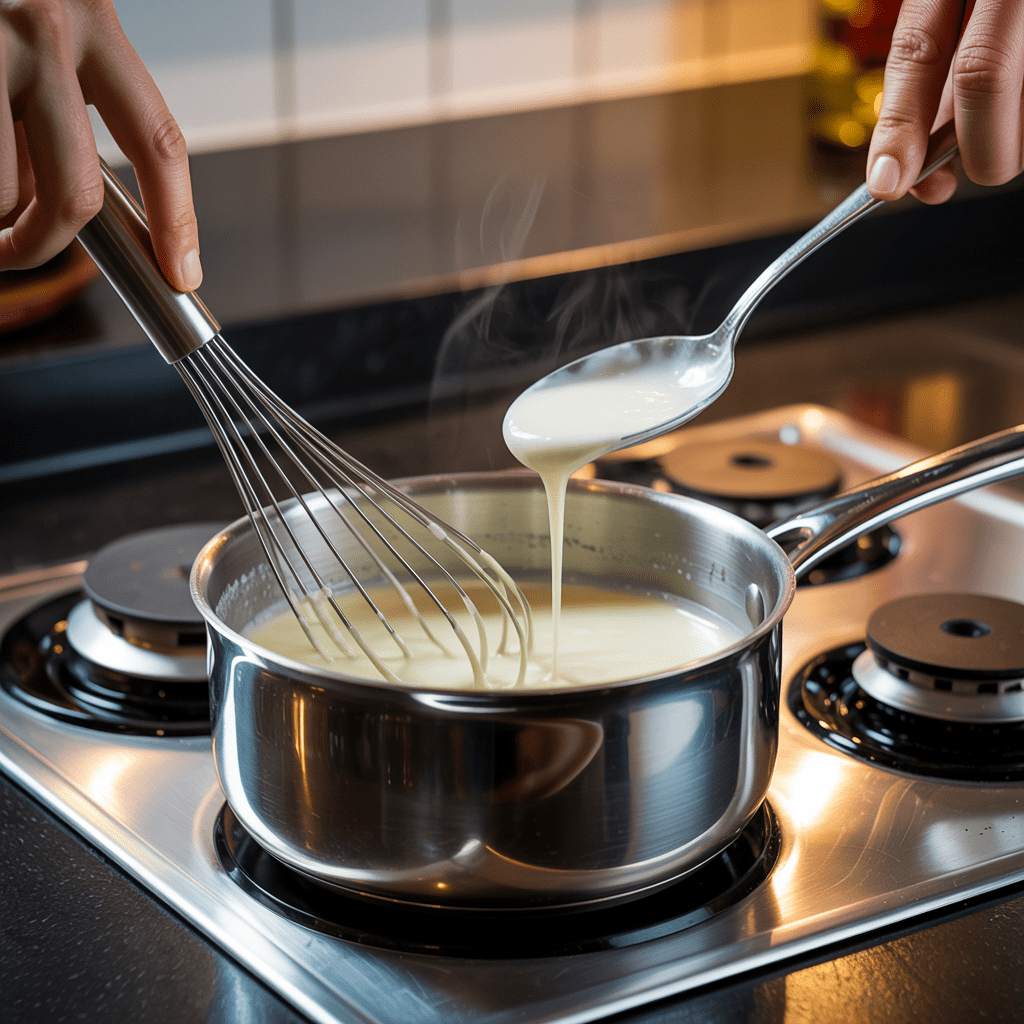 Vanilla milk dip for sweet potato sonker being whisked in a saucepan until thick and pourable