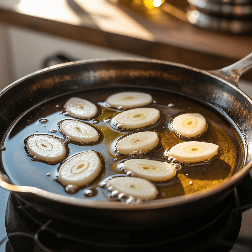 Garlic turning golden in olive oil in a skillet