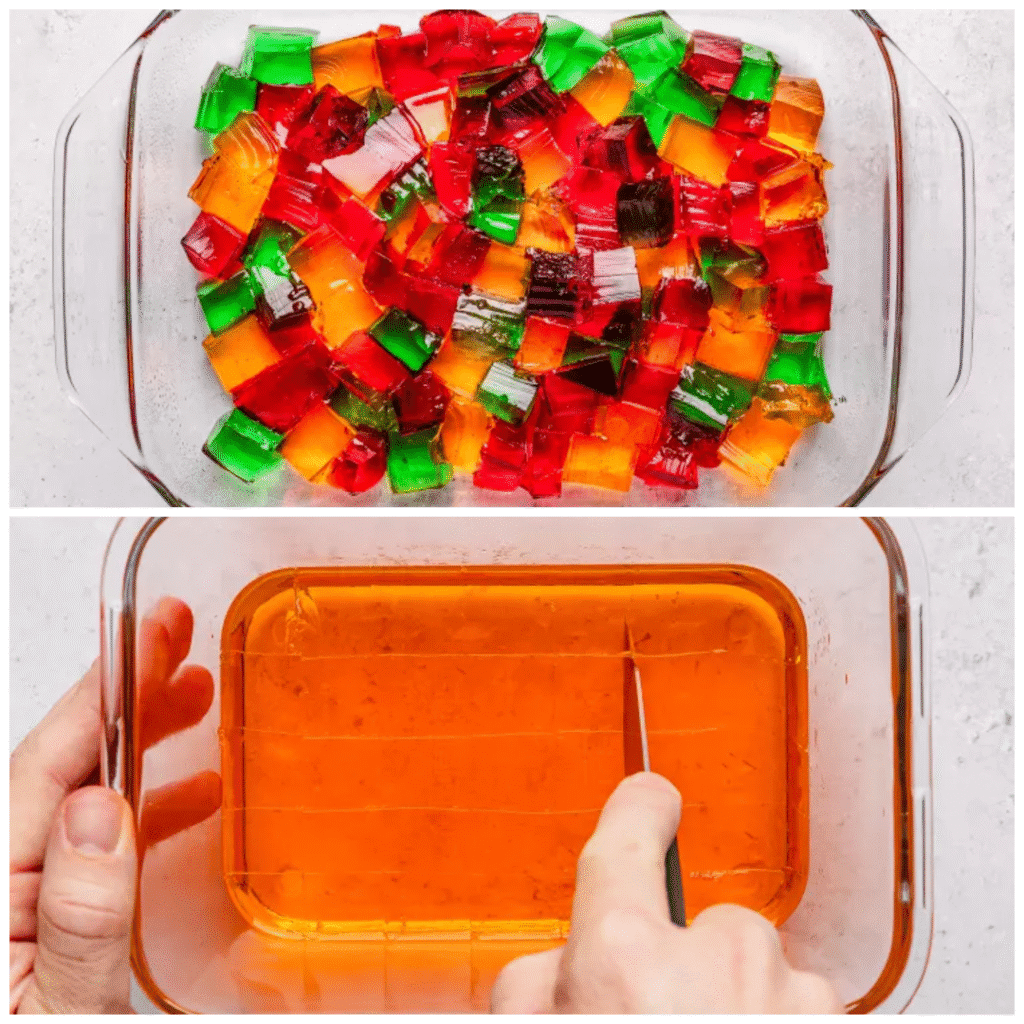 Cutting firm flavored gelatin into colorful cubes for Broken Glass Jell O