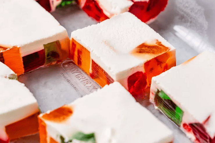 Unmolded Broken Glass Jell O ring on a serving pan