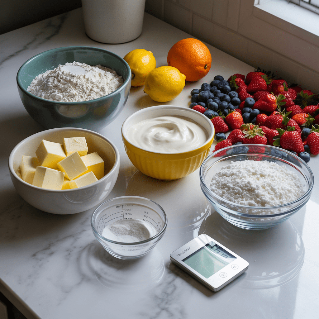 Ingredients for American Flag slab pie with flour butter sour cream strawberries blueberries sugar and cornstarch arranged around a kitchen scale