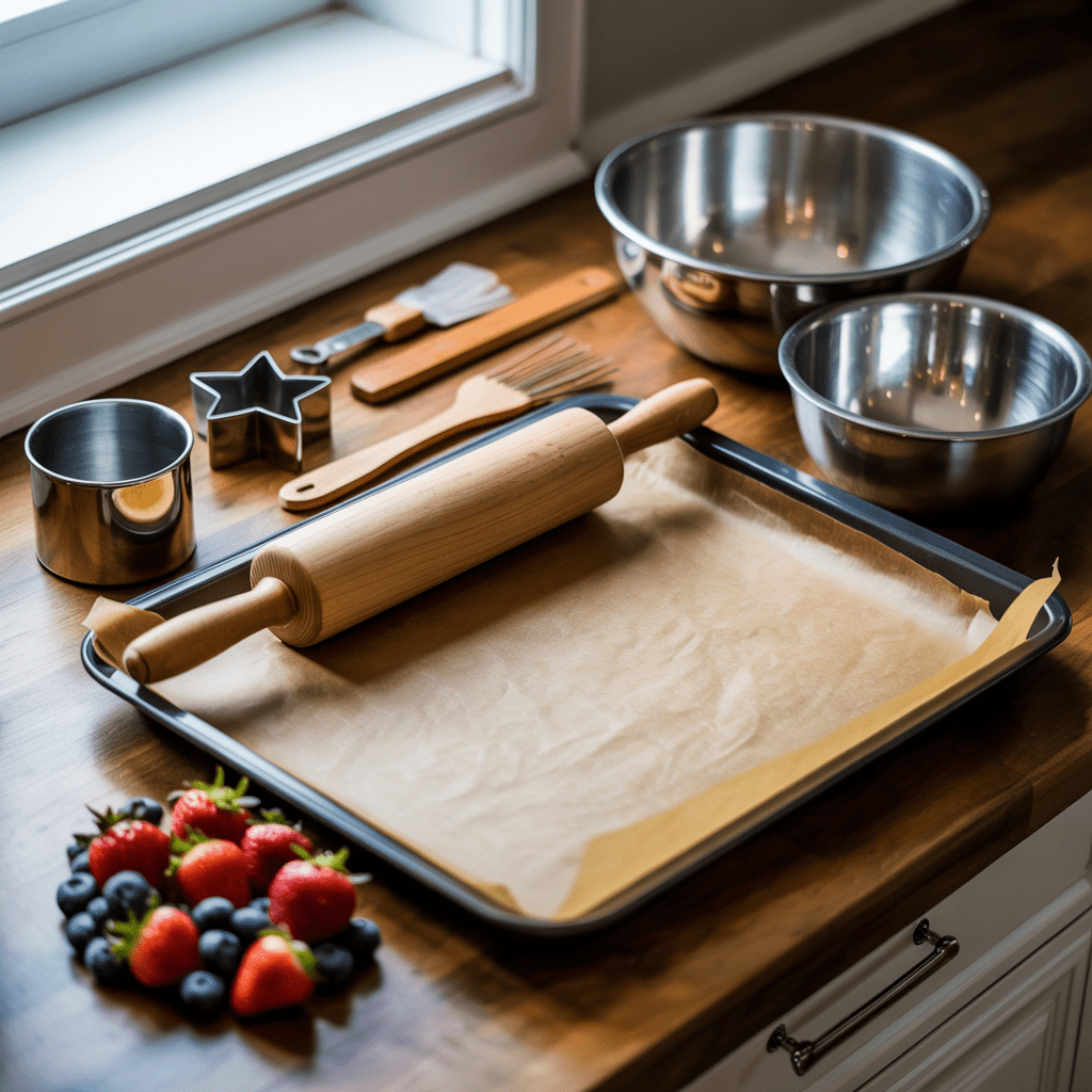 Sheet pan rolling pin bowls star cookie cutter and pastry brush arranged with berries for making American Flag Pie