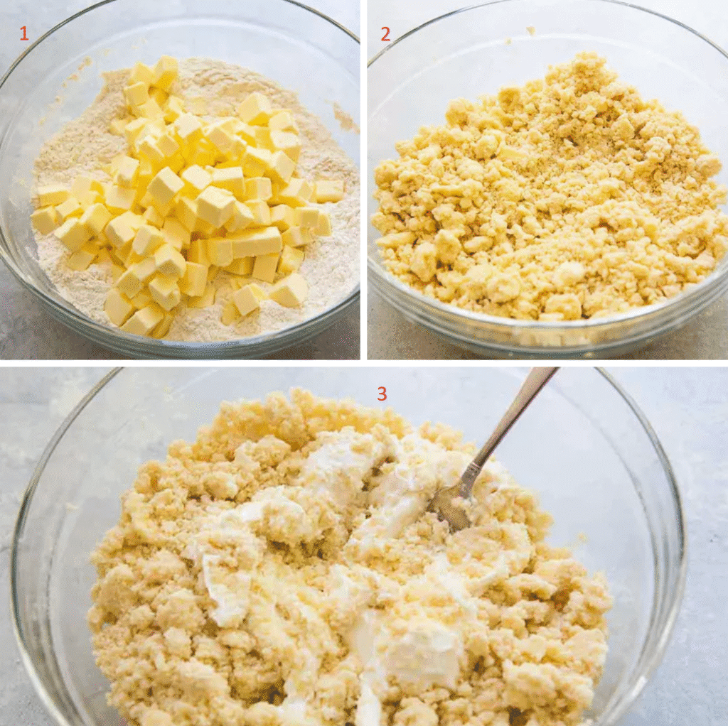 Cutting cold butter into flour for sour cream pie dough in a mixing bowl for American Flag slab pie