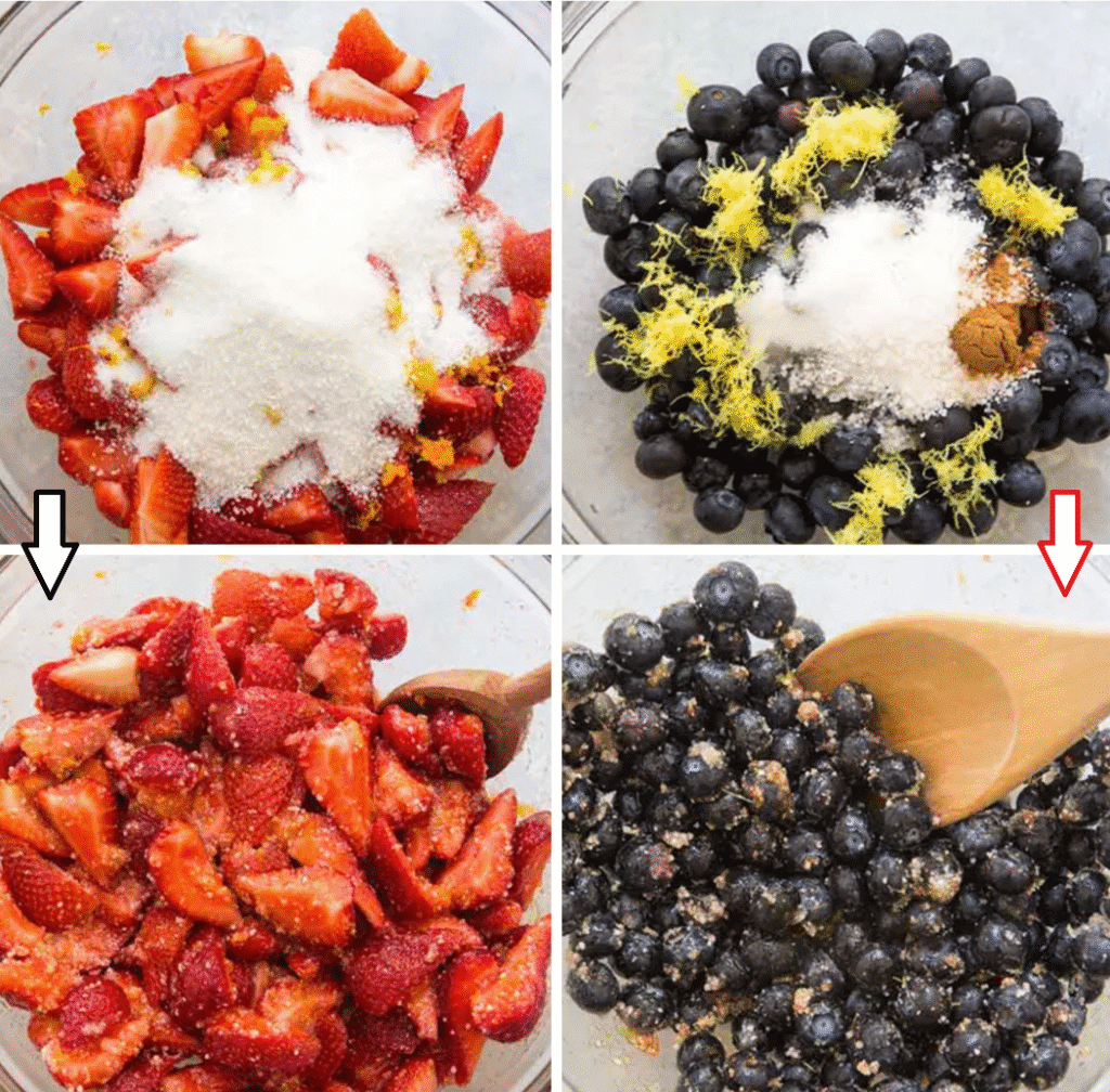 Strawberries and blueberries tossed with sugar and cornstarch in bowls for American Flag Pie berry fillings