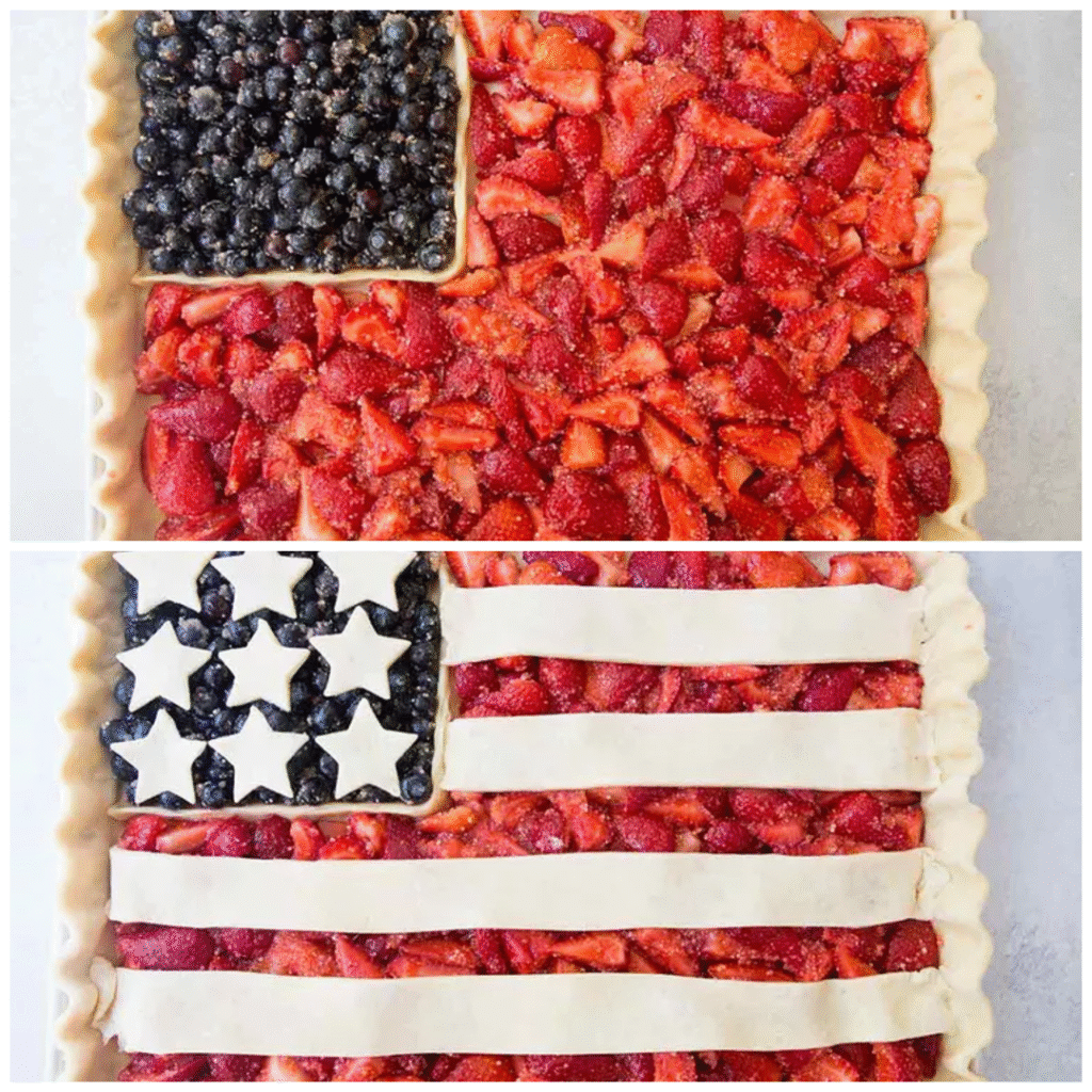Unbaked American Flag Pie in a sheet pan with blueberry stars section and strawberry stripes topped with dough cutouts