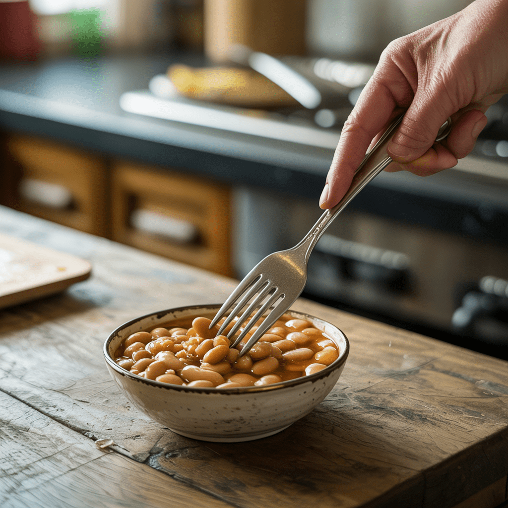 Fork mashing white beans to thicken the sauce