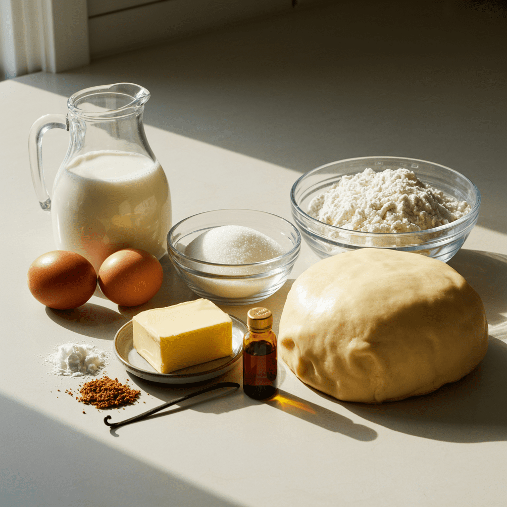 Ingredients for egg custard pie arranged on a kitchen counter