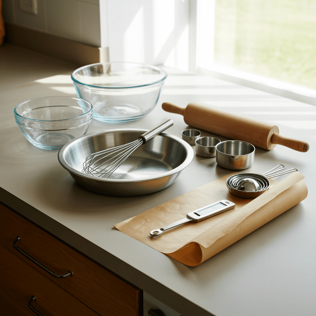 Baking tools and pie dish laid out for making egg custard pie