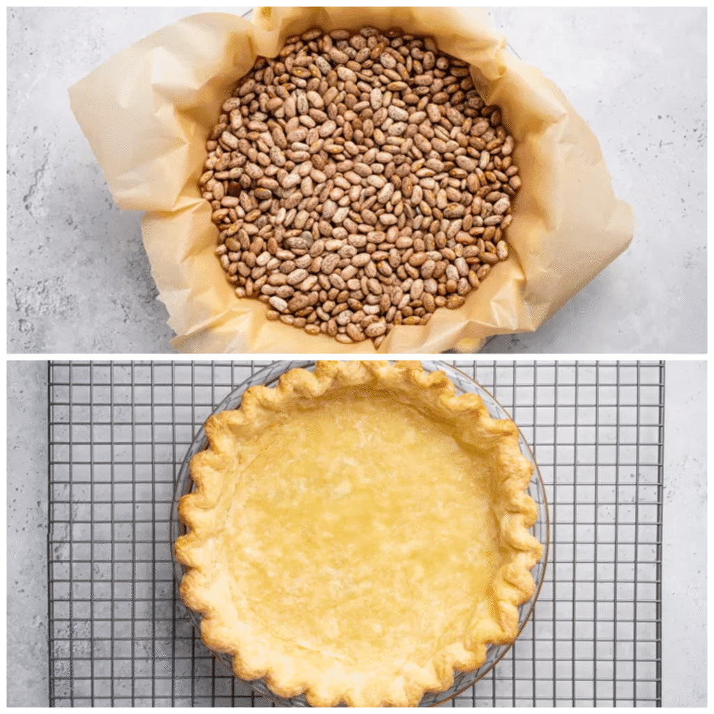 Pie crust lined with parchment and pie weights for blind baking