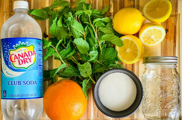 Flat lay of ingredients for Reddit’s Summer Beverage Base, including lemons, oranges, sugar, fresh mint, and Soda on a kitchen counter