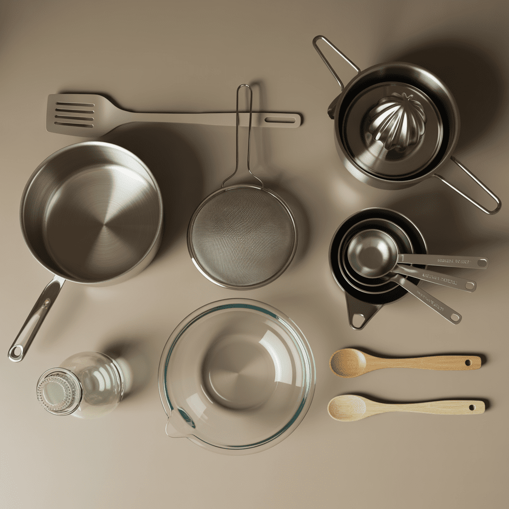 Saucepan, wooden spoon, citrus juicer, fine mesh strainer, measuring cups, and a glass bottle arranged on a countertop for making summer drink syrup