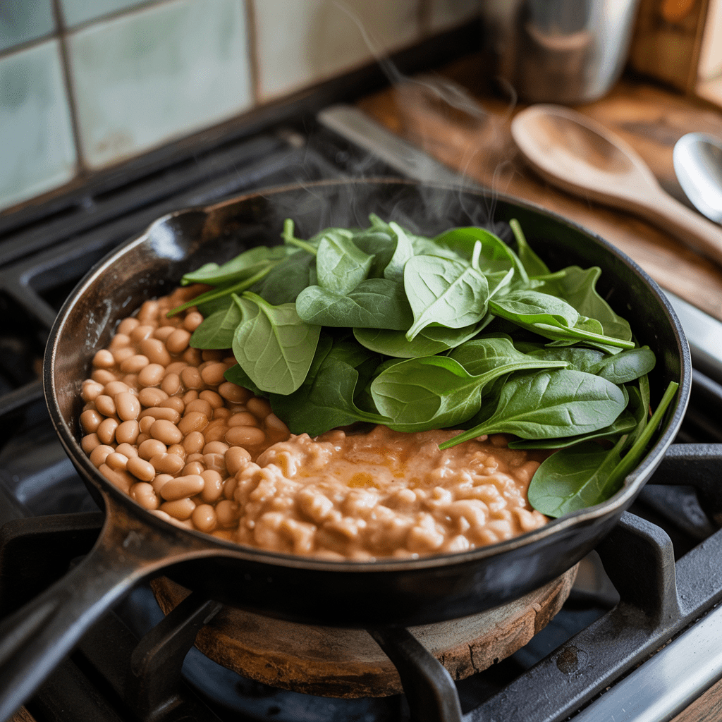 pinach wilting into white beans in a skillet