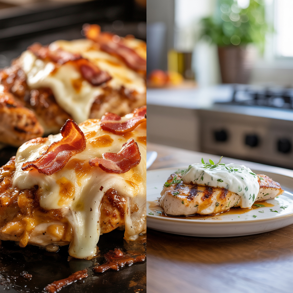 Loaded chicken two ways—classic sour cream and lighter Greek yogurt topping.