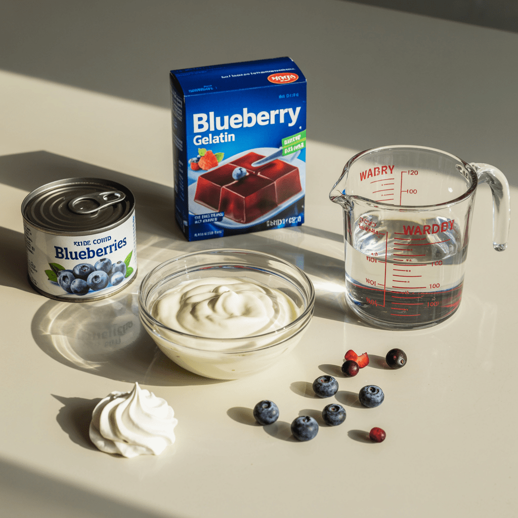 Ingredients for blueberry Jell-O mold including gelatin mix, canned blueberries in light syrup, sour cream, and garnishes on a kitchen counter