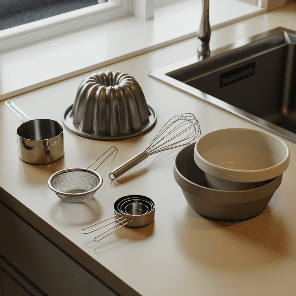 Bundt pan, whisk, mixing bowls, strainer, and measuring cups laid out to make blueberry Jell-O mold