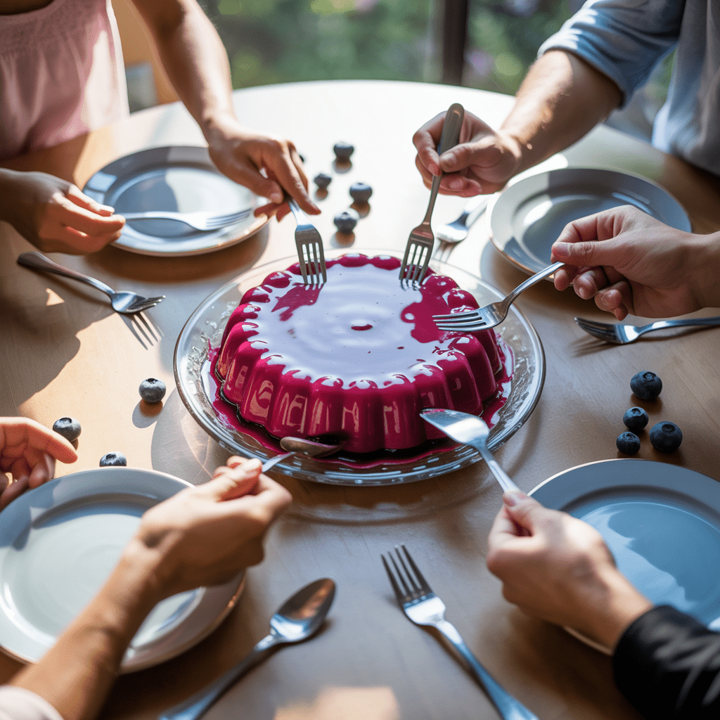 Guests serving slices of blueberry Jell-O mold from a platter at a family gathering