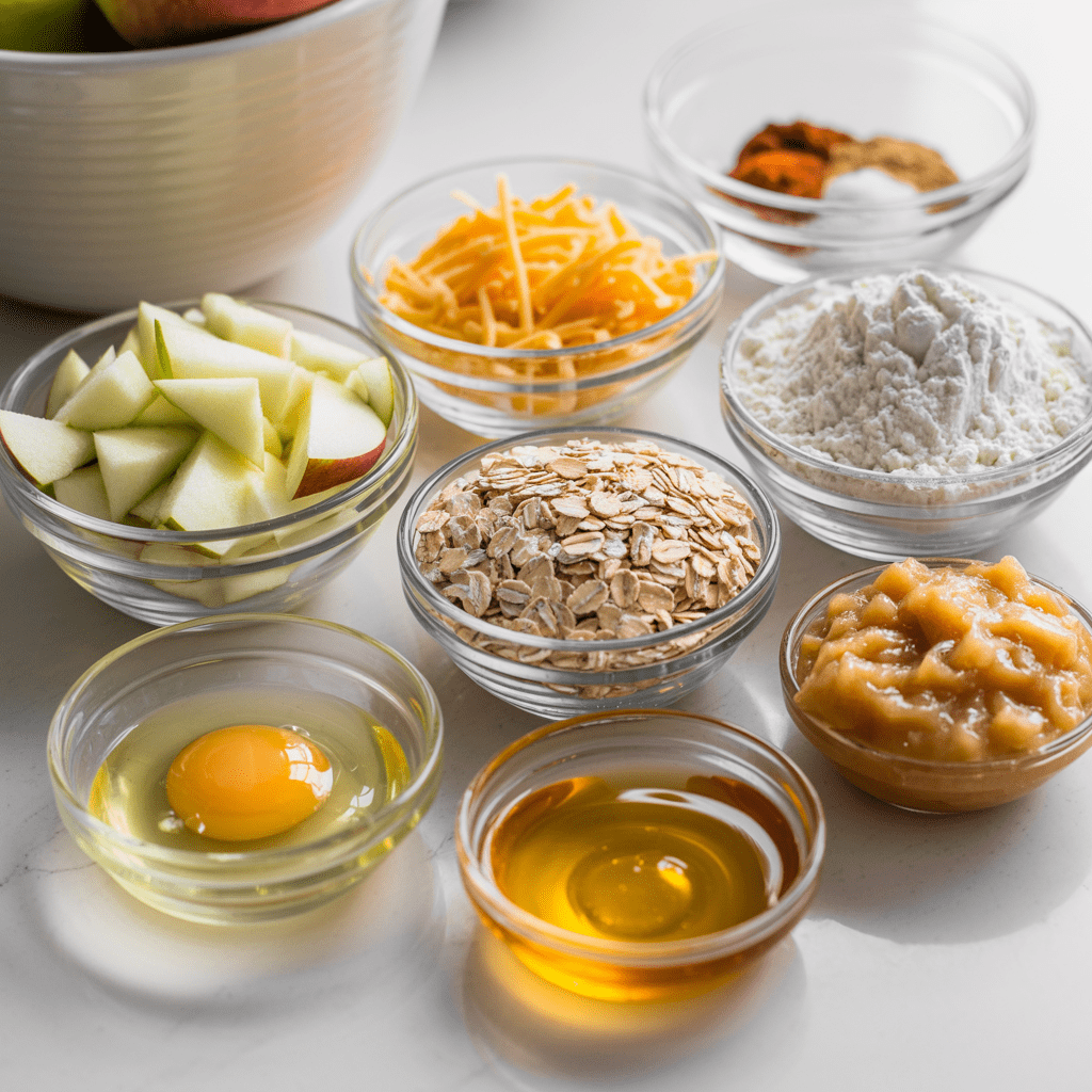 Prepped ingredients for apple cheddar oat cookies in small bowls, including diced apples, oats, cheddar, and spices.