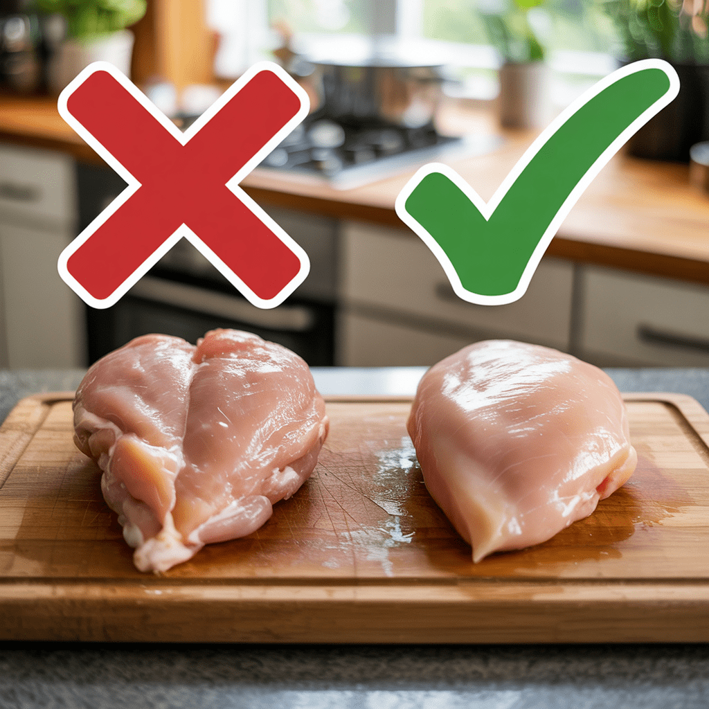 Comparison of uneven chicken breast versus evenly pounded cutlet with thermometer at 165°F.