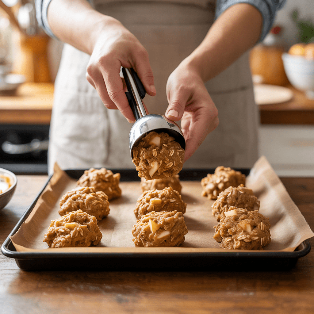 Hands portioning apple oatmeal cookie dough onto a parchment-lined baking sheet using a scoop.