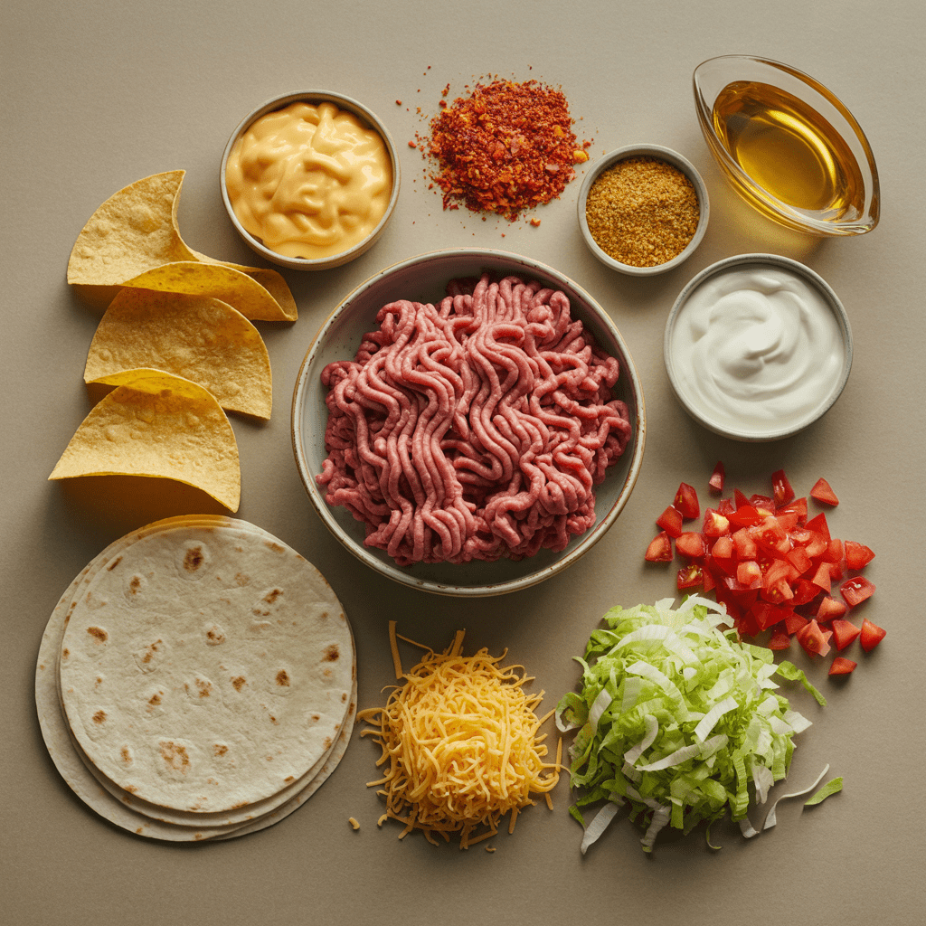 “Ingredients for copycat Crunchwrap Supreme laid out, including ground beef, tostada shells, tortillas, nacho cheese, lettuce, tomato, and shredded cheese”