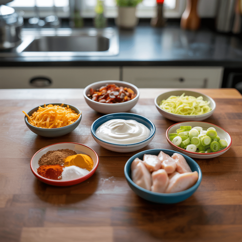 Ingredients for loaded chicken: cheddar, bacon, sour cream, scallions, spices, chicken cutlets.