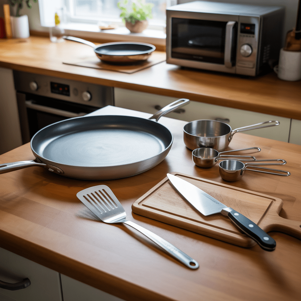 Skillet, spatula, cutting board, knife, and measuring spoons laid out to make homemade Crunchwrap Supremes