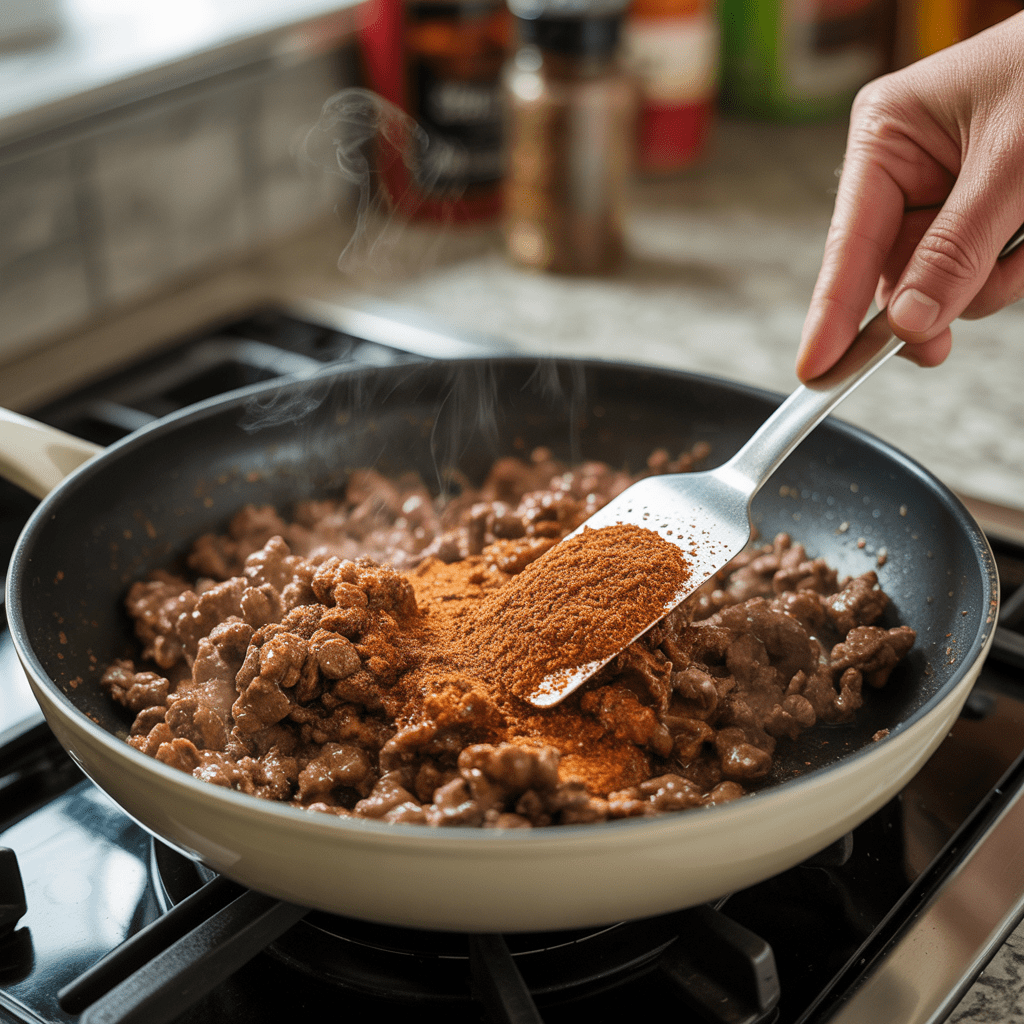 Ground beef cooking in a skillet with taco seasoning for Crunchwrap Supreme filling