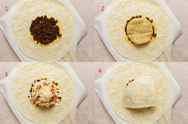 Step-by-step collage showing how to assemble a copycat Crunchwrap Supreme: a large flour tortilla topped with nacho cheese and seasoned ground beef, then layered with a crunchy tostada shell, fresh lettuce, tomato, sour cream, shredded cheese, and finally the tortilla edges folded in to wrap everything up.