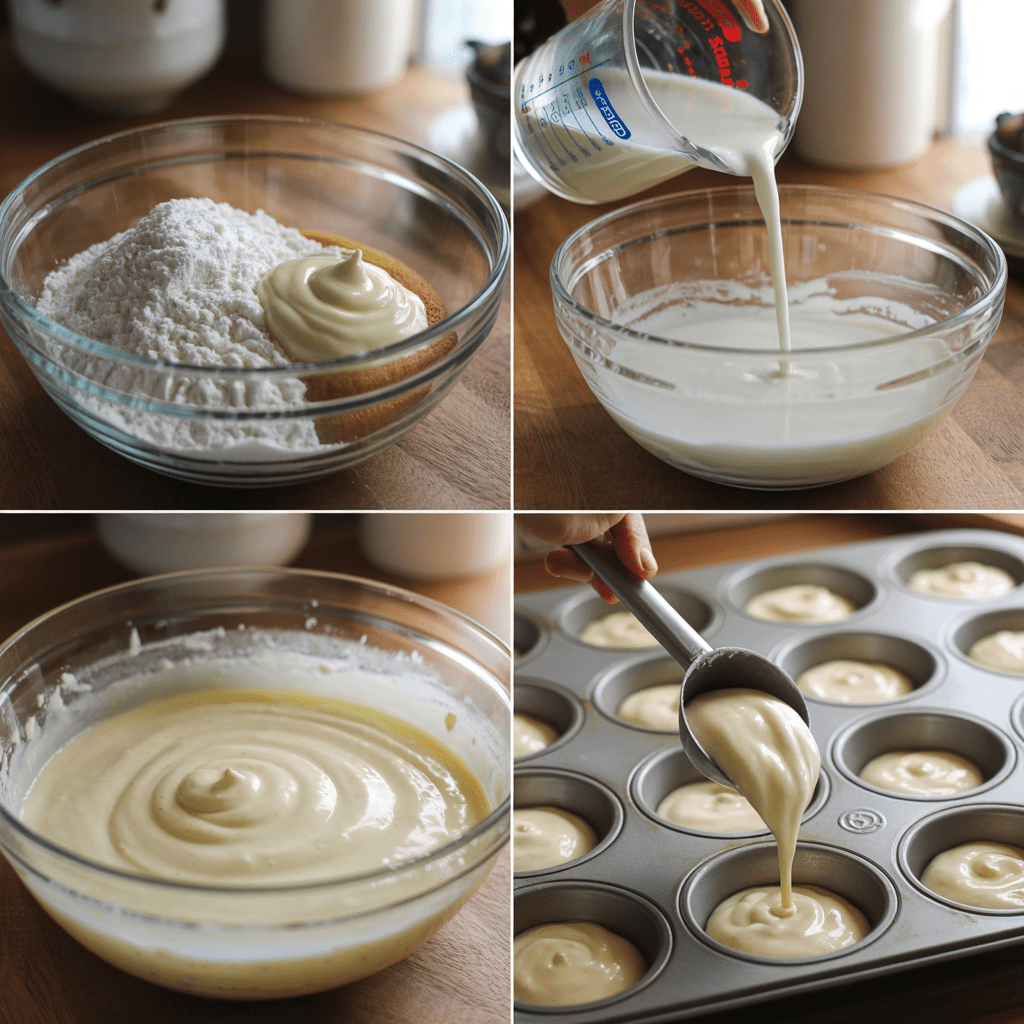 Step-by-step process of mixing mayonnaise muffin batter and portioning it into a muffin tin.