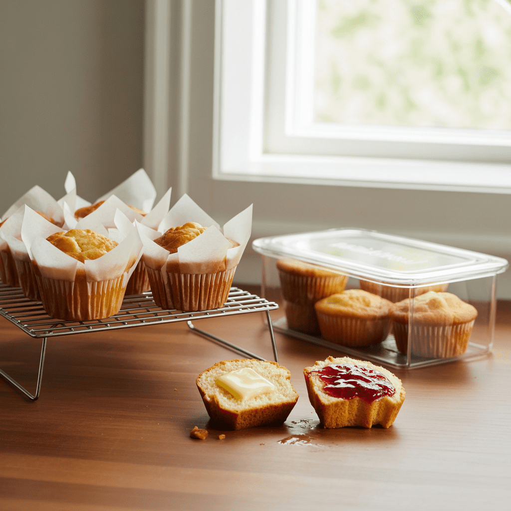 Muffins cooling on a rack with a few stored in a container, ready to serve or reheat.