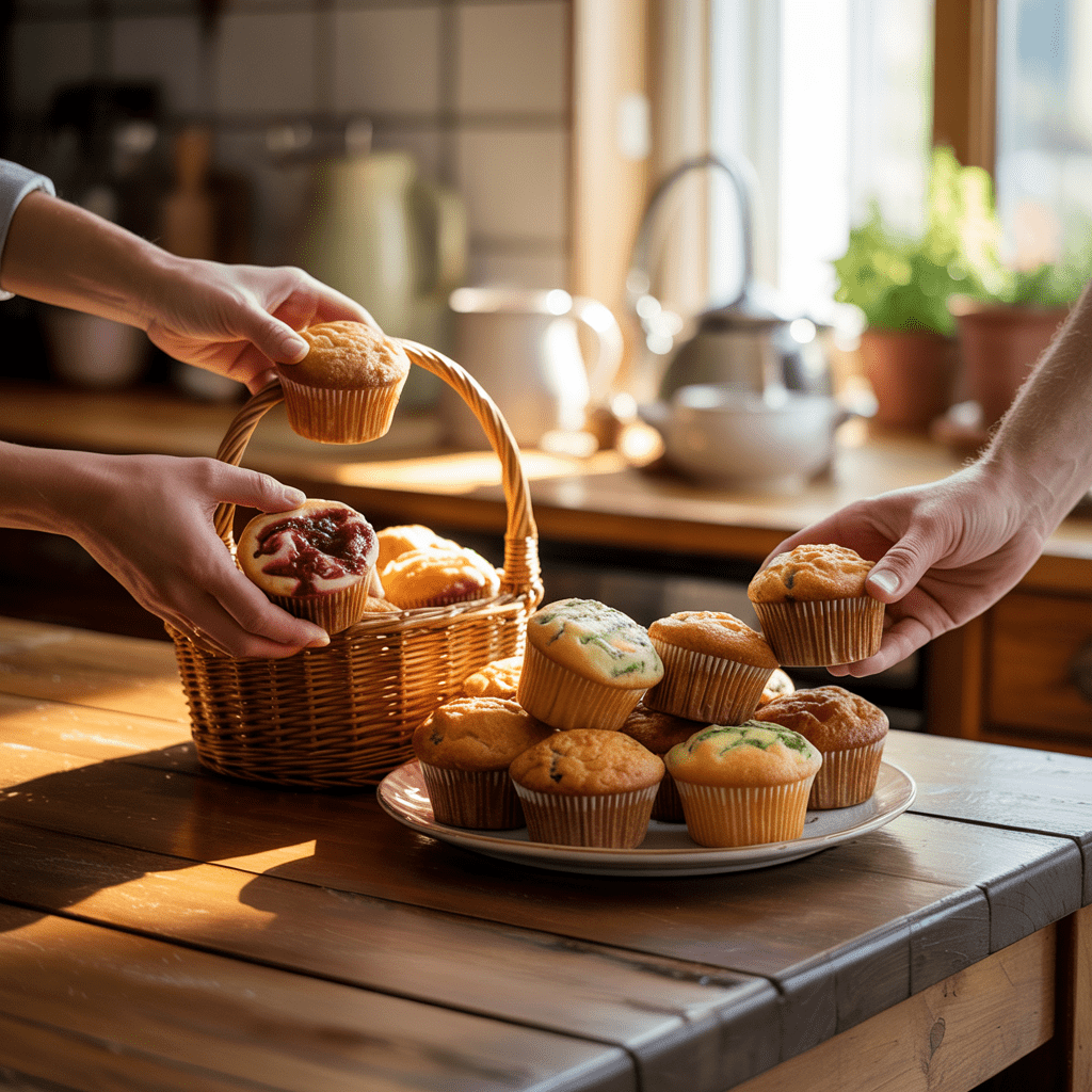 Assorted 3-ingredient mayonnaise muffins in a basket on a table with hands reaching in to serve.