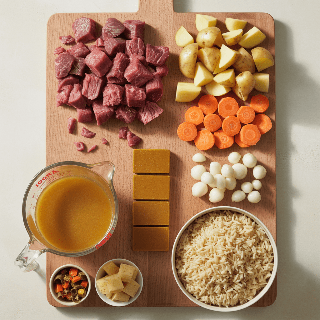 Ingredients for Korean curry rice including cubed beef, potatoes, carrots, pearl onions, curry roux blocks, broth, and rice laid out on a board.
