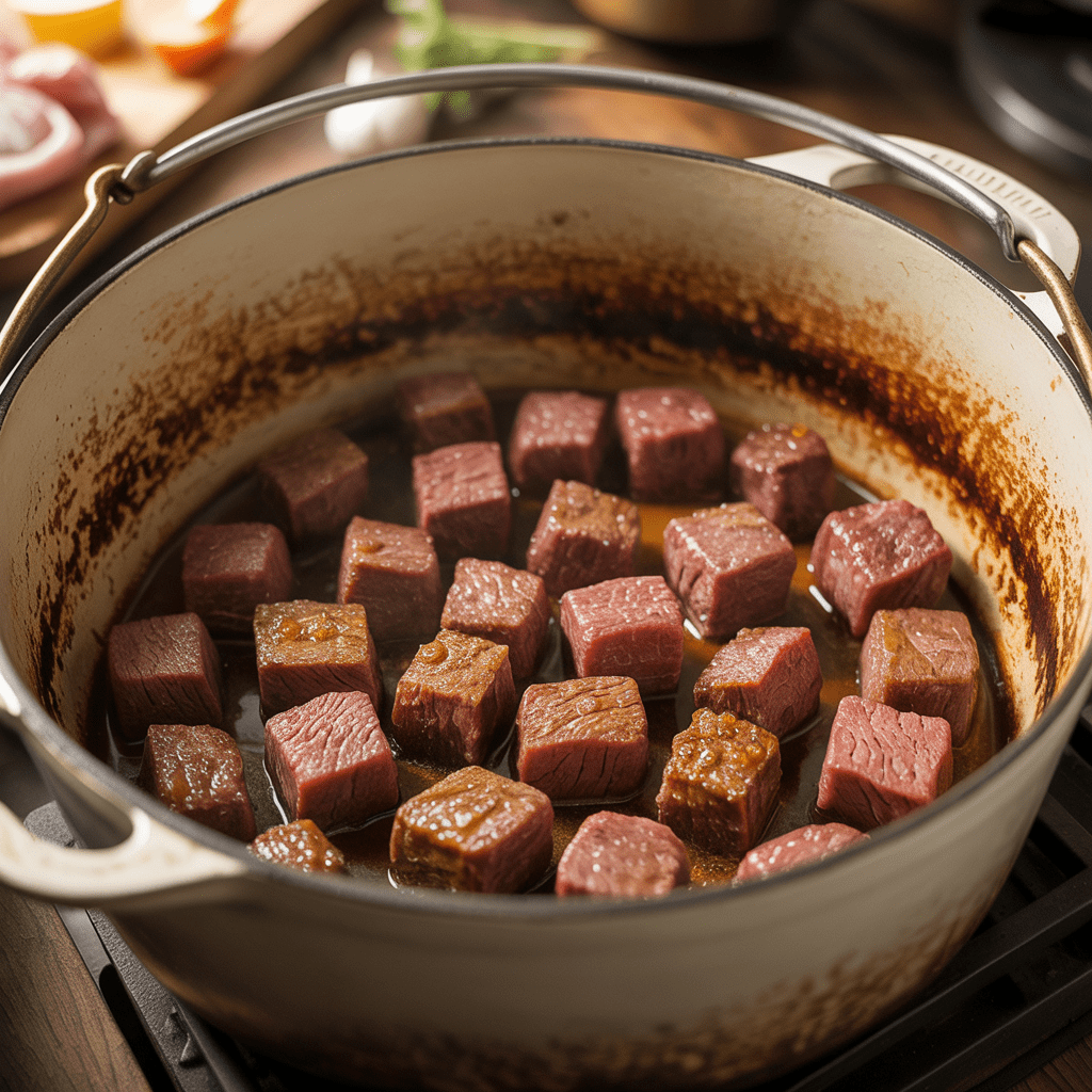 Beef cubes browning in a Dutch oven to build flavor for Korean curry rice.