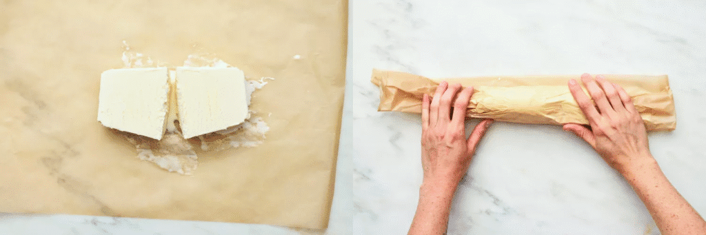 Collage showing two steps for shaping ice cream into a log: first, a block of vanilla ice cream cut in half on parchment paper, and second, hands rolling the parchment around the ice cream into a tight, even log.