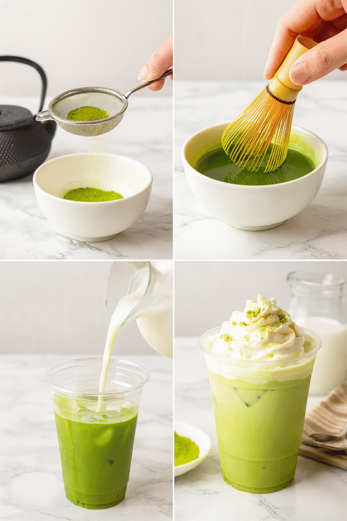 Step by step photos showing matcha sifted, whisked with water, and poured over ice and milk