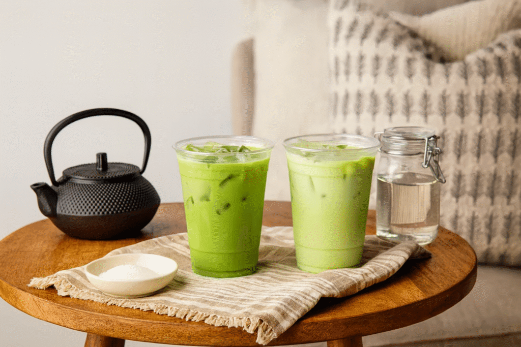 Two homemade iced matcha lattes with different milks and sweeteners on a small table