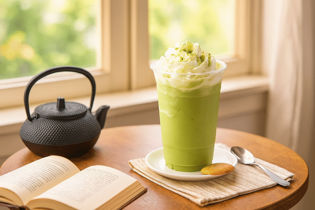 Iced matcha latte on a small table by a sunny window with a light snack
