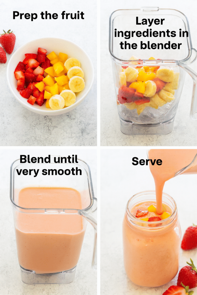 Strawberry Peach Smoothie being poured from a blender into a tall glass on a kitchen counter
