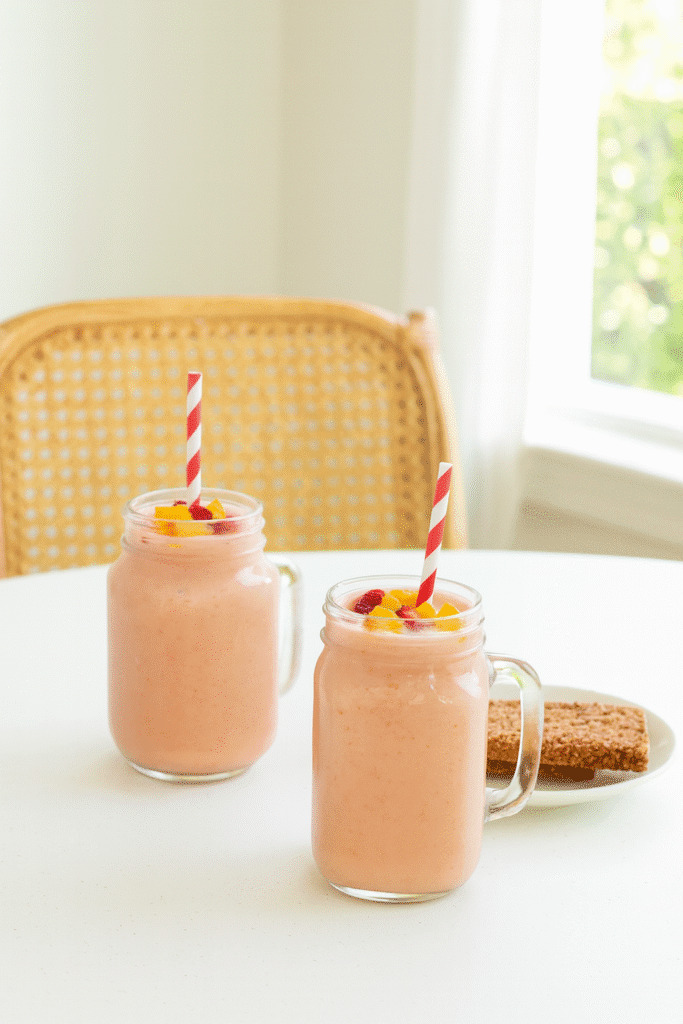 Two Strawberry Peach Smoothies on a breakfast table with simple snacks beside them