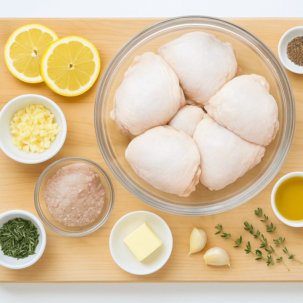 Measured ingredients for lemon chicken including raw chicken pieces lemons garlic herbs butter salt and pepper on a cutting board