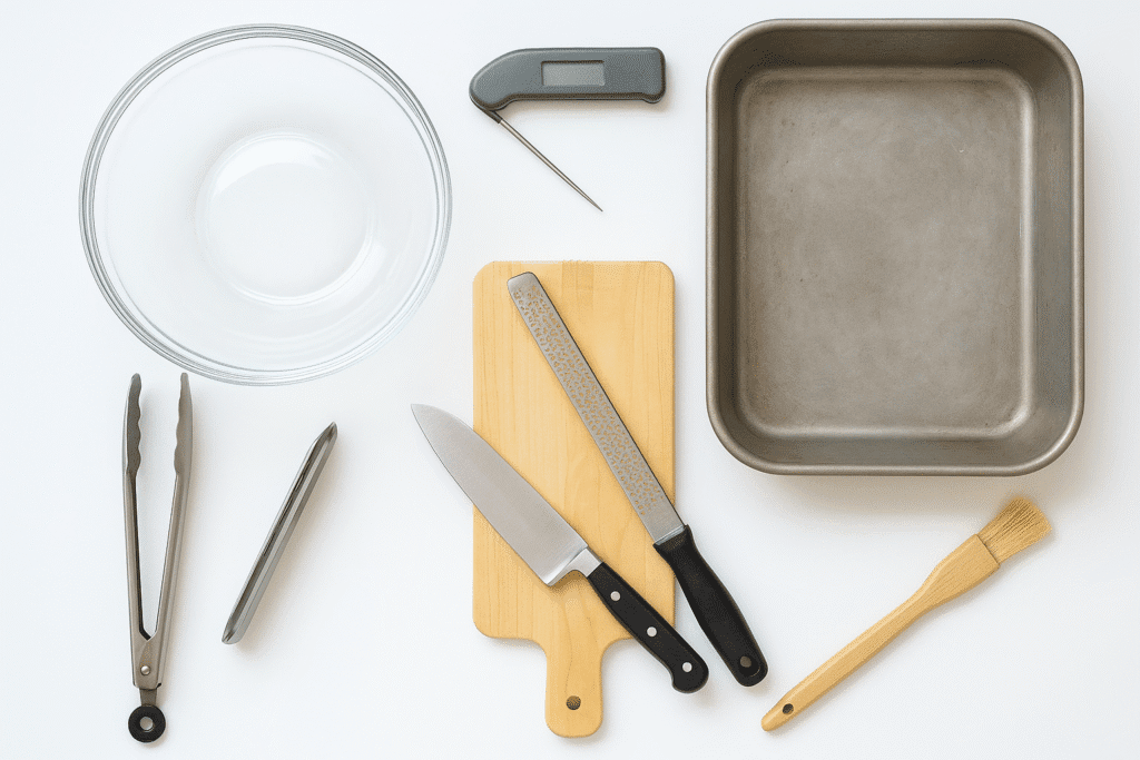 Essential tools for making lemon chicken including bowl baking dish meat thermometer zester knife and tongs