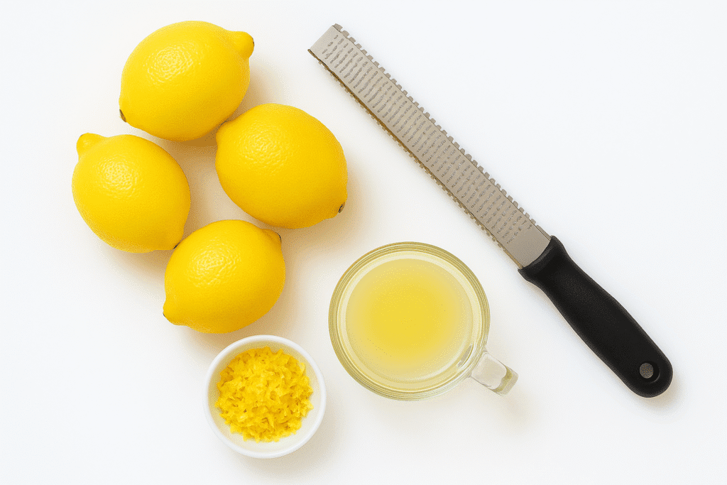 Fresh lemons being zested and juiced in bowls for lemon chicken marinade