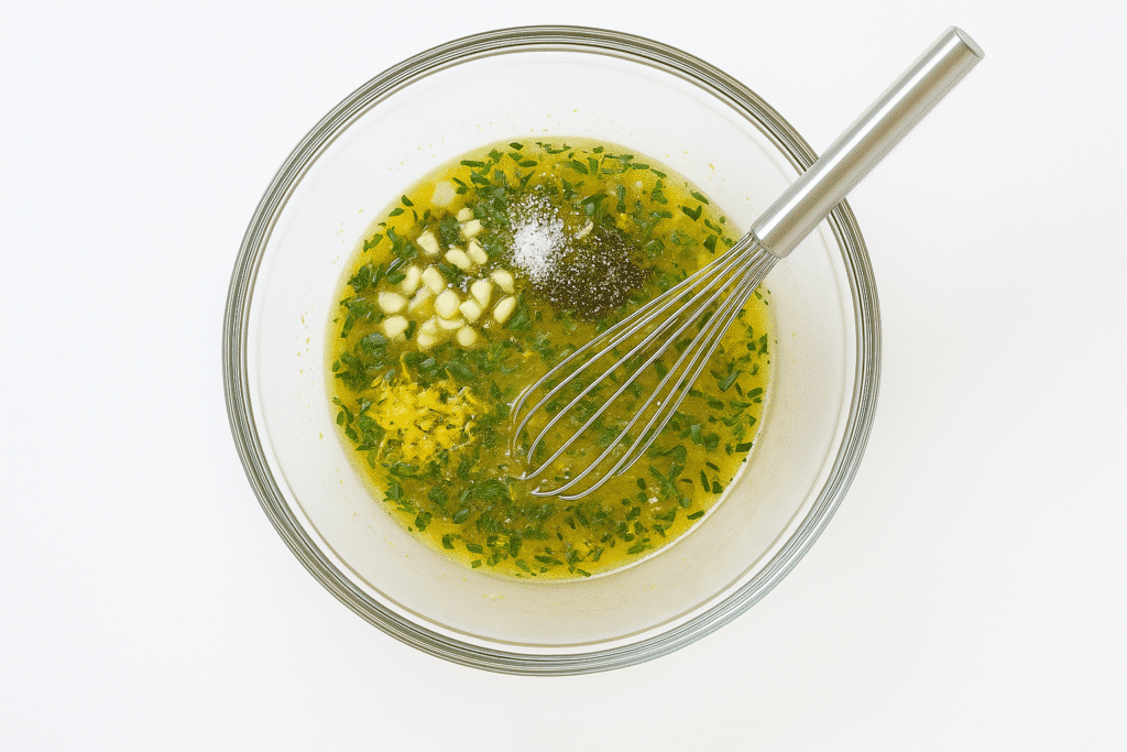 Lemon juice zest garlic and herbs whisked together in a bowl for lemon chicken marinade