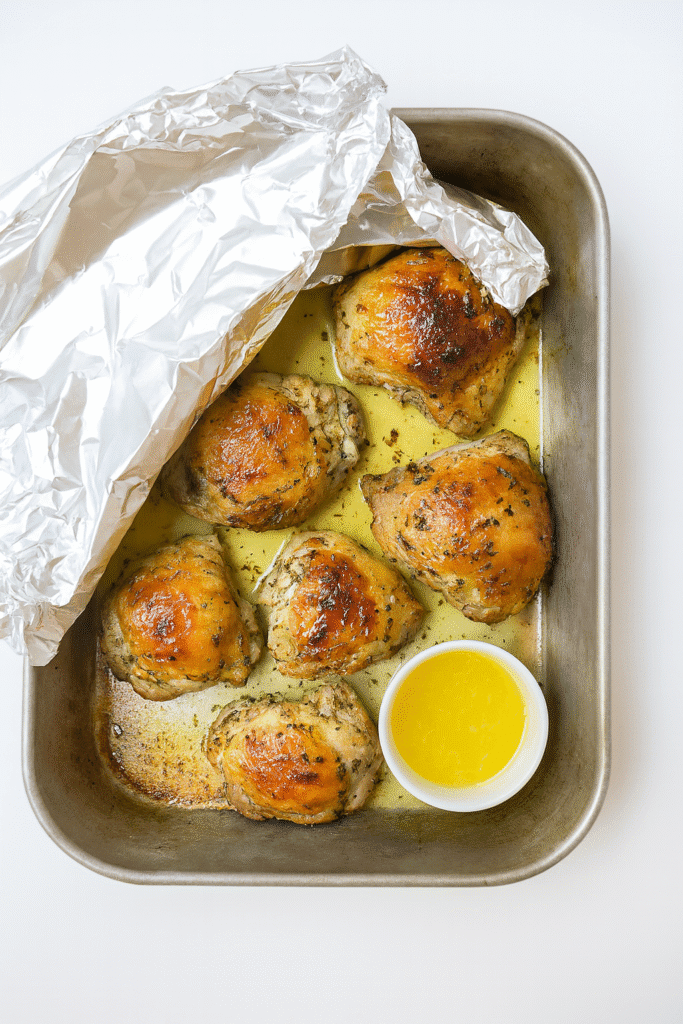 Cooked lemon chicken resting under foil with a small bowl of pan juices beside the baking dish