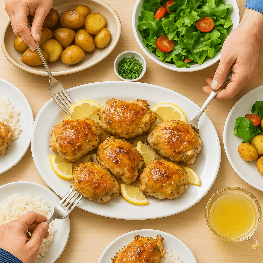 Family dinner table with lemon chicken platter and simple side dishes ready to serve