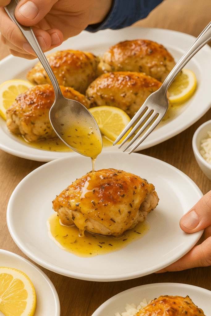 Hand serving lemon chicken from a platter and spooning pan juices over the piece